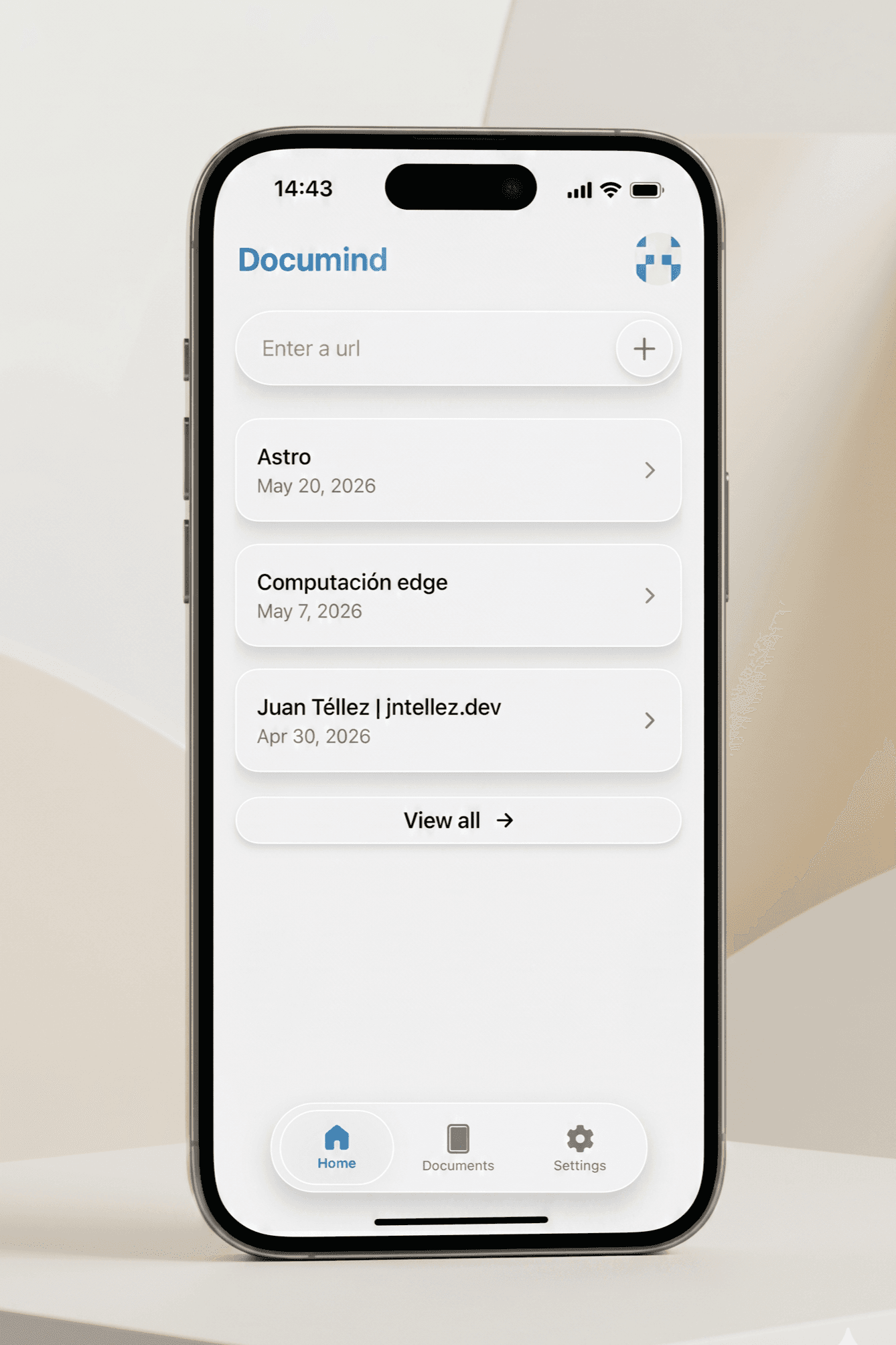 Documind Android library screen with imported documents.