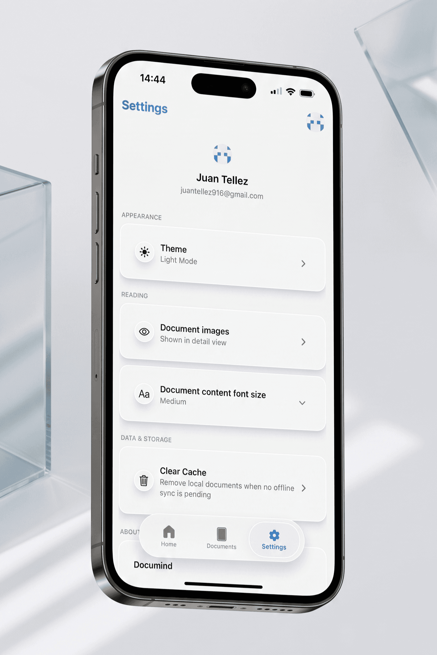 Documind Android settings screen showing mobile-friendly controls.